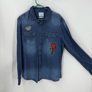 Zip Code 1992 Rose Peace Patches Denim Jean Distressed Shirt XL unisex